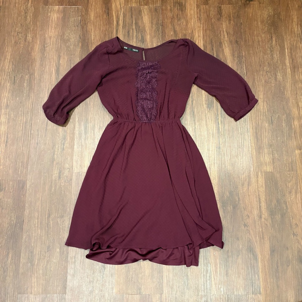 Whimsygoth Burgundy Plum Lace Front Dress Swiss Dot 3/4 Sleeve Cottagecore S